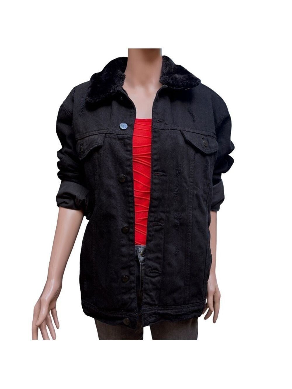 YoungLA Black Distressed Faux Fur Collar Jacket Large